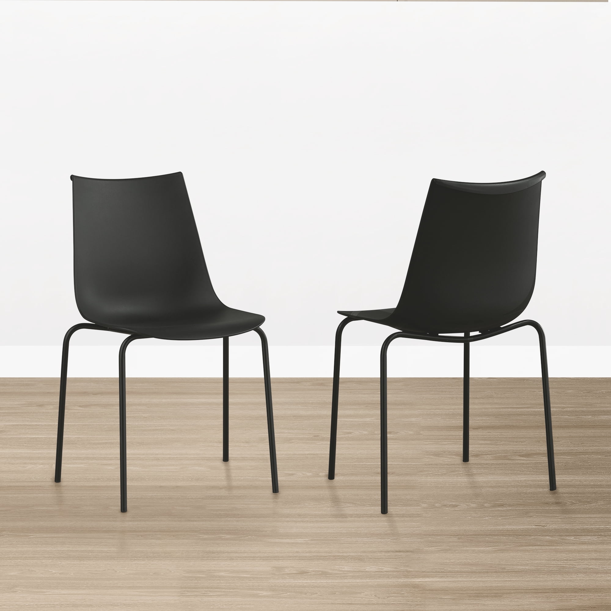 Spruce & Spring Modern Stackable Dining Chairs, Set of 4 Molded Plastic Kitchen Chairs with Metal Legs, Space-Saving Armless Design, BLACK