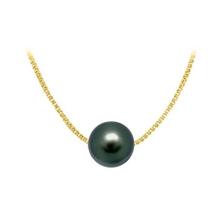 Black Vermeil Pendant - Cultured Black Akoya Pearl Pendant in Silver Yellow Vermeil Chain 9 MM