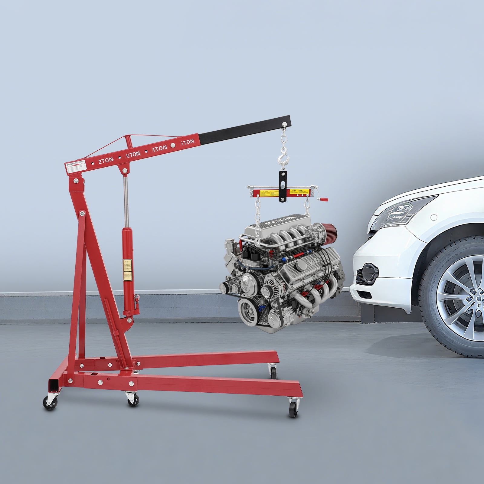 Peakora 2T Folding Hydraulic Crane Hydraulic Crane with Engine Leveler & Wheels Heavy-Duty Cherry Picker Shop Crane Oldable Engine Crane Red