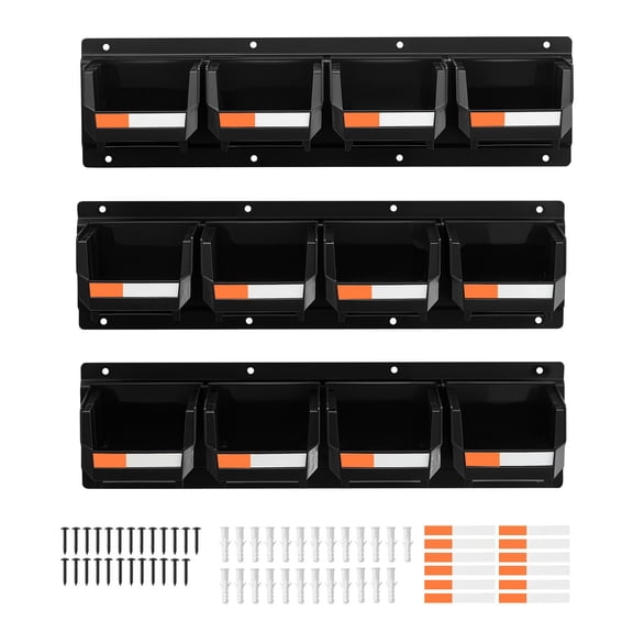 Dranite Wall Mounted Storage Bins Set with 12 Plastic Bins and 3 Metal Rails, Hanging Stackable Organizer for Hardware, Screws, Nails, Bolts Tool Organization for Garage, Workshop, Craft Room