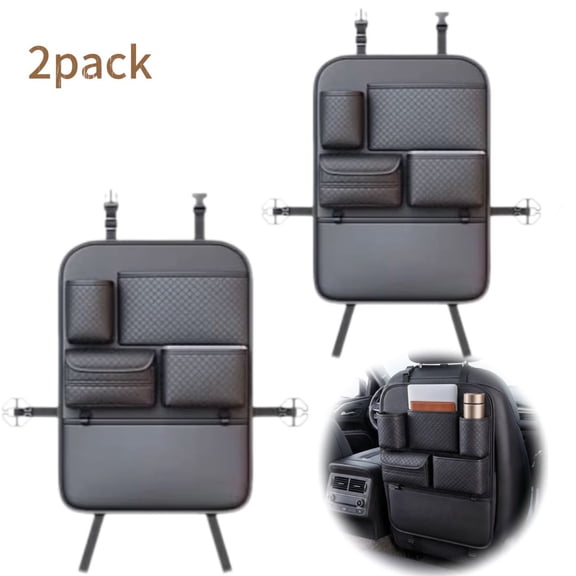 2-Pack Car Seat Back Organizer with Large Handbag Holder and Side Pockets, Black
