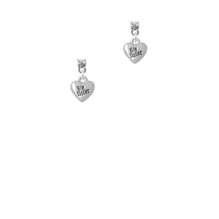 Mini Heart Post Earrings - Silvertone Mini 3-D ''Big Sister'' Heart Clear Crystal Post Earrings