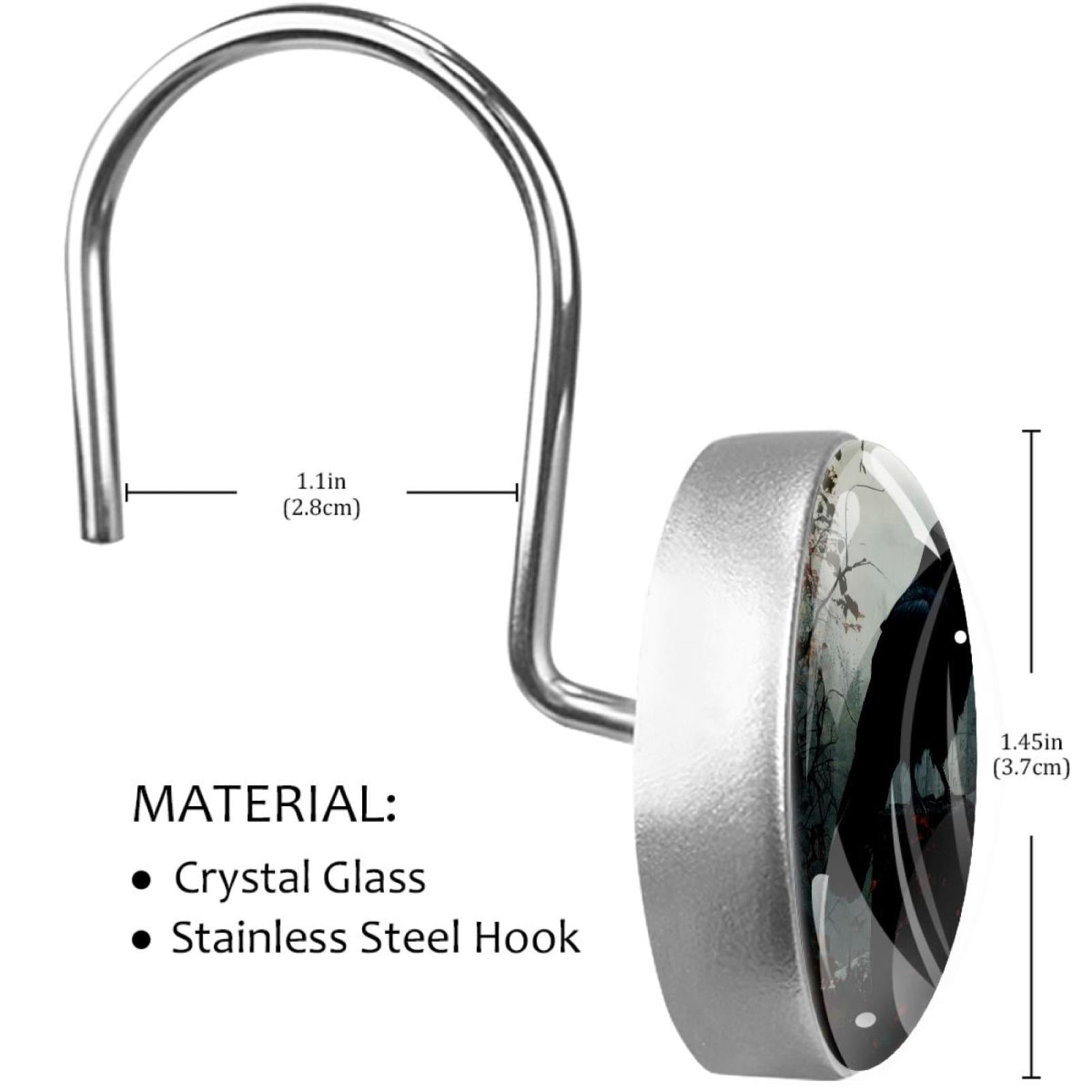 Crow on Stump Castle Shower Curtain Hooks Round Crystal Glass, Set of 12 Shower Curtain Rings - Shower Hooks for Curtain Shower Rings
