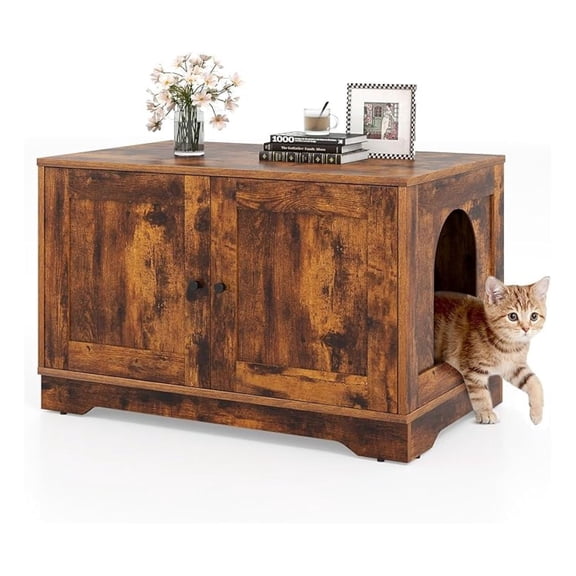 Cat Litter Box Enclosure, Modern Litter Box Furniture with Double Doors, Side Entry, Cat House, Side End Table, 31.5 x 20 x 20 Inches (Rustic Brown)