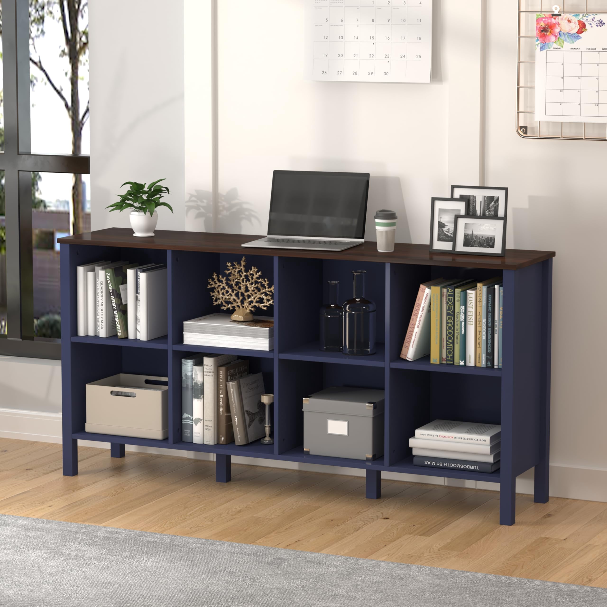 NEWADARA 8-Cube Bookcase, Farmhouse Wooden Bookshelf Low Storage Organizer, 59" Horizontal Navy Blue Console with Legs, Hallway Book Case for Entryway, Display Cabinet for Living Room (Navy Blue)