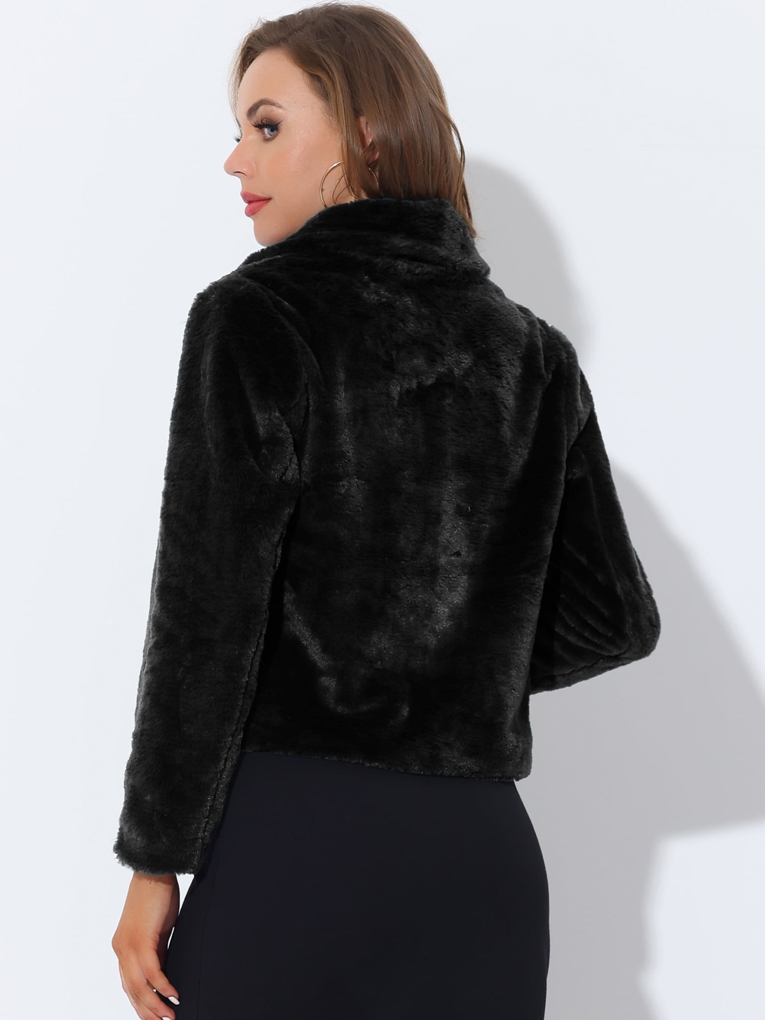DARING DIVA Women's Cropped Notch Lapel Faux Fur Fluffy Coat L Black
