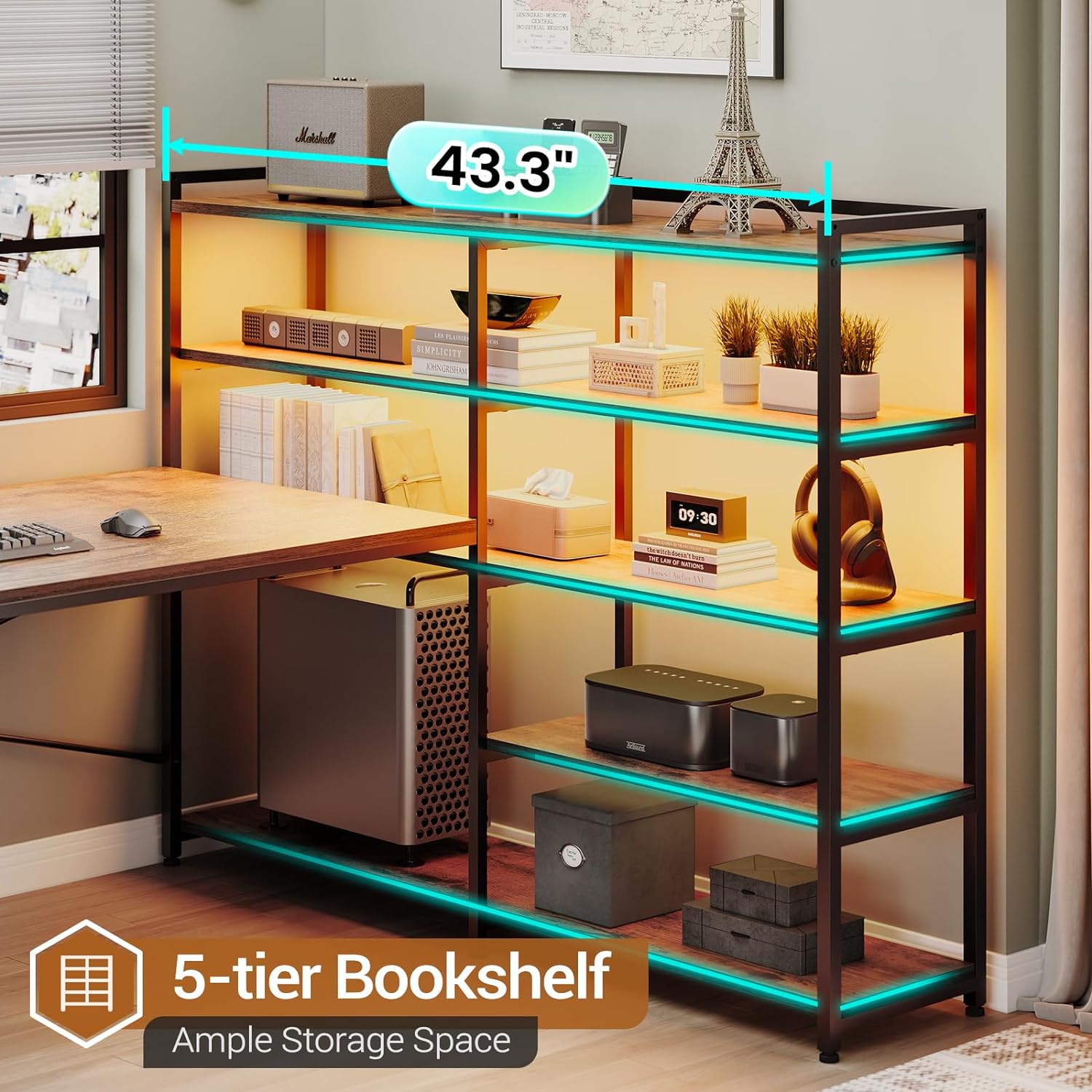 Computer Desk with Drawers, 64.5" Reversible Office Desk with Fabric File Drawer, Corner Computer Desk with Power Outlet & LED Strip and Storage Bookshelf,Rustic Brown