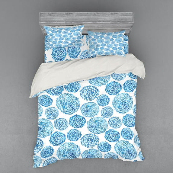 Ambesonne Watercolor Bedding Set 4 Pcs, Japan Flower, Queen, Sky Blue
