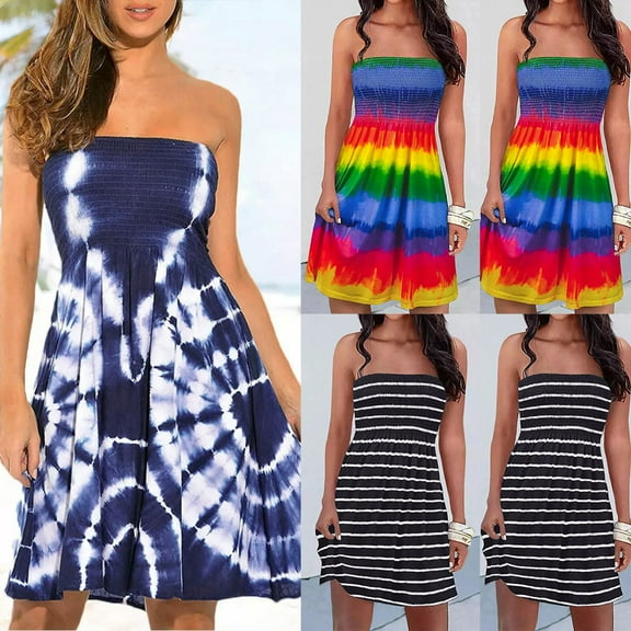 Pounoo Items for Women Bohemian Style Strapless Elastic Dress Dresses Sleeveless Floral Print Casual Dresses Lightweight Black