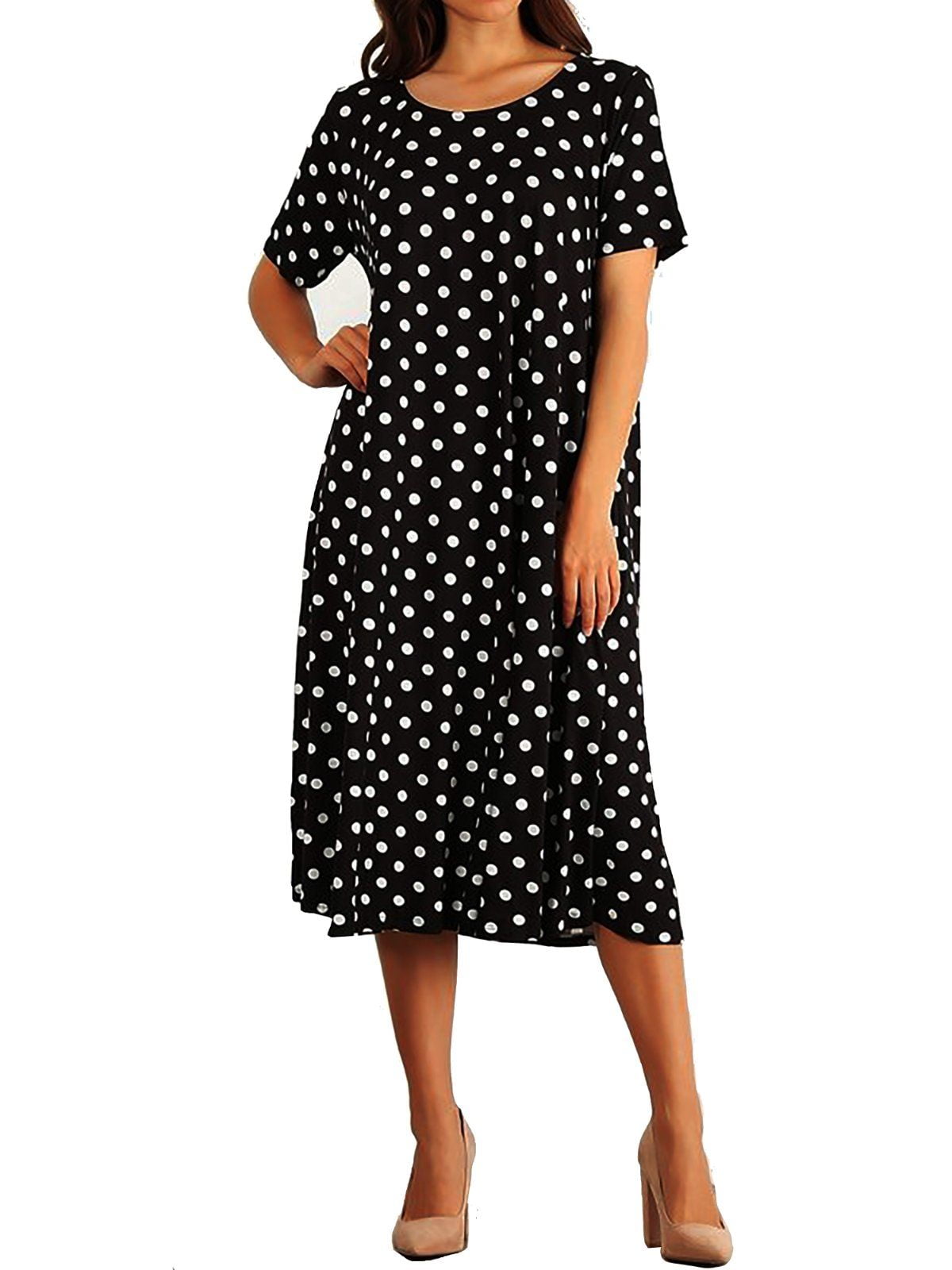 Funfash Women's Plus Size Black White Polka Dots Short Sleeves Dress ...