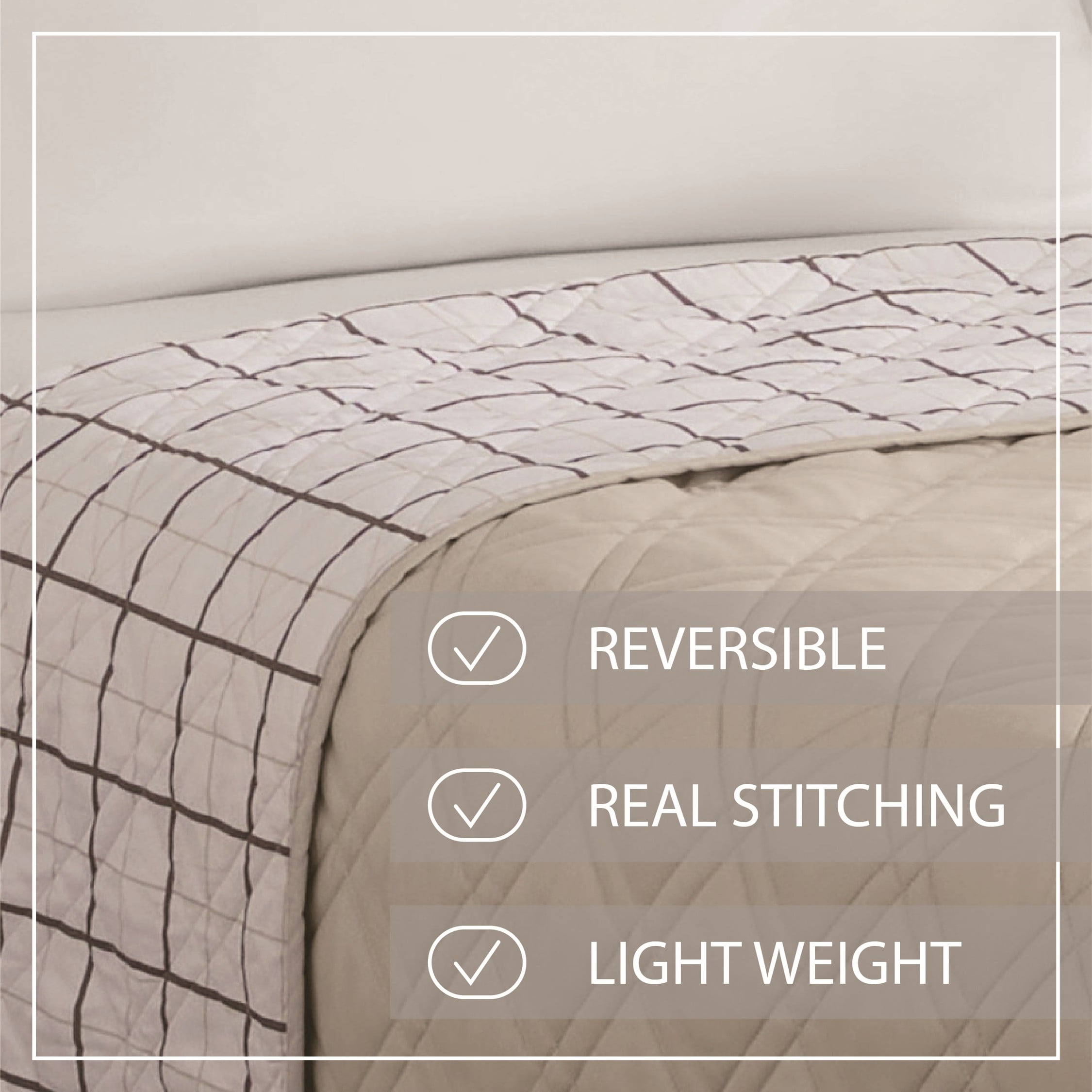 Mainstays Emmett Beige Diamond Pattern and Plaid Microfiber Quilt, Full/Queen - Reversible
