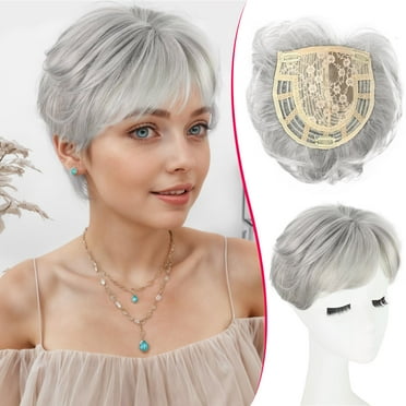 Pixie Cut Hair Toppers for Women Short Siler Gray Hair Toppers with Bangs Clip in Synthetic Wiglets Hair Pieces for Women with Thinning Hair(89E)