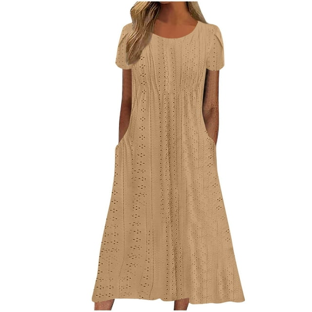 UPPADA Spring Dresses for Women 2024 Spring Dresses for Women 2024 Casual Sun Dresses Solid Color Hollow Maxi Dresses Drawstring V-Neck Boho Dresses With Pockets Todays Daily Deals Clearance