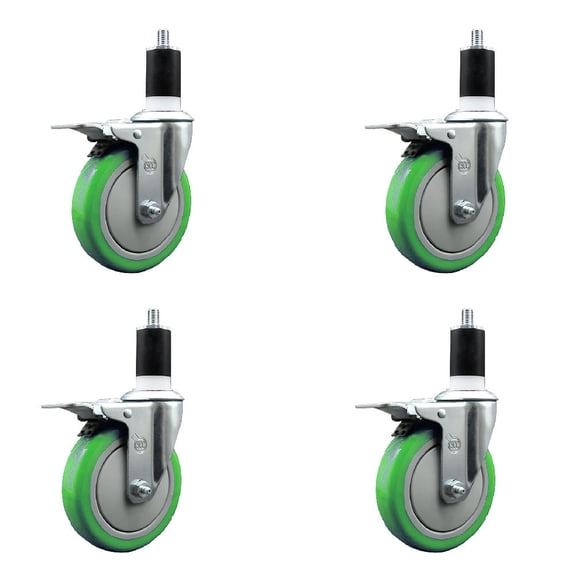 5 Inch SS Green Poly Swivel 1-1/2 Inch Expanding Stem Caster Set Total Lck Brake