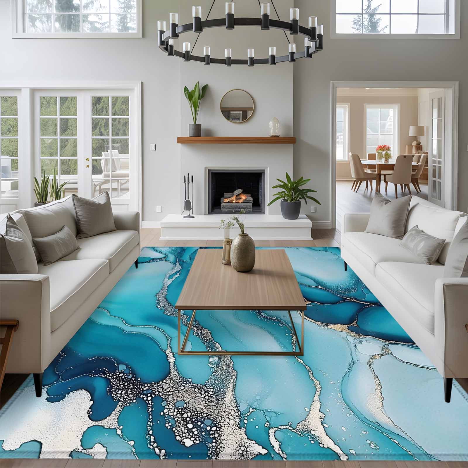 6'x9' Area Rugs, Turquoise Marble Indoor Outdoor Area Rug for Living Room Bedroom, Teal Grey Modern Geometric Washable Bathroom Rugs Kitchen Floor Carpet Mats Home Decor Aesthetic
