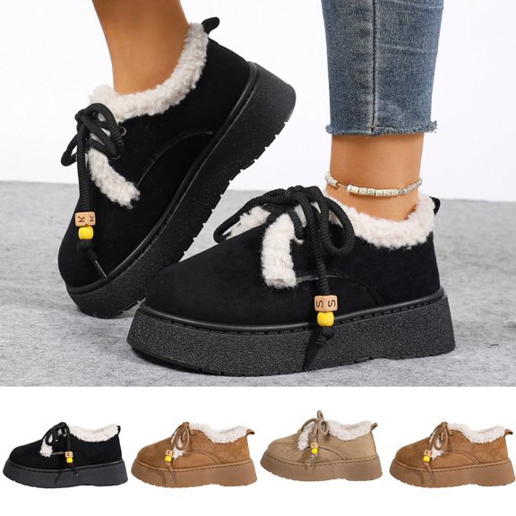 Women Solid Color Round Toe Slip on Winter Snow Boots Fleece Lined Warm Platform Lace up Lightweight Casual Daily Shoes Khaki 9(42)