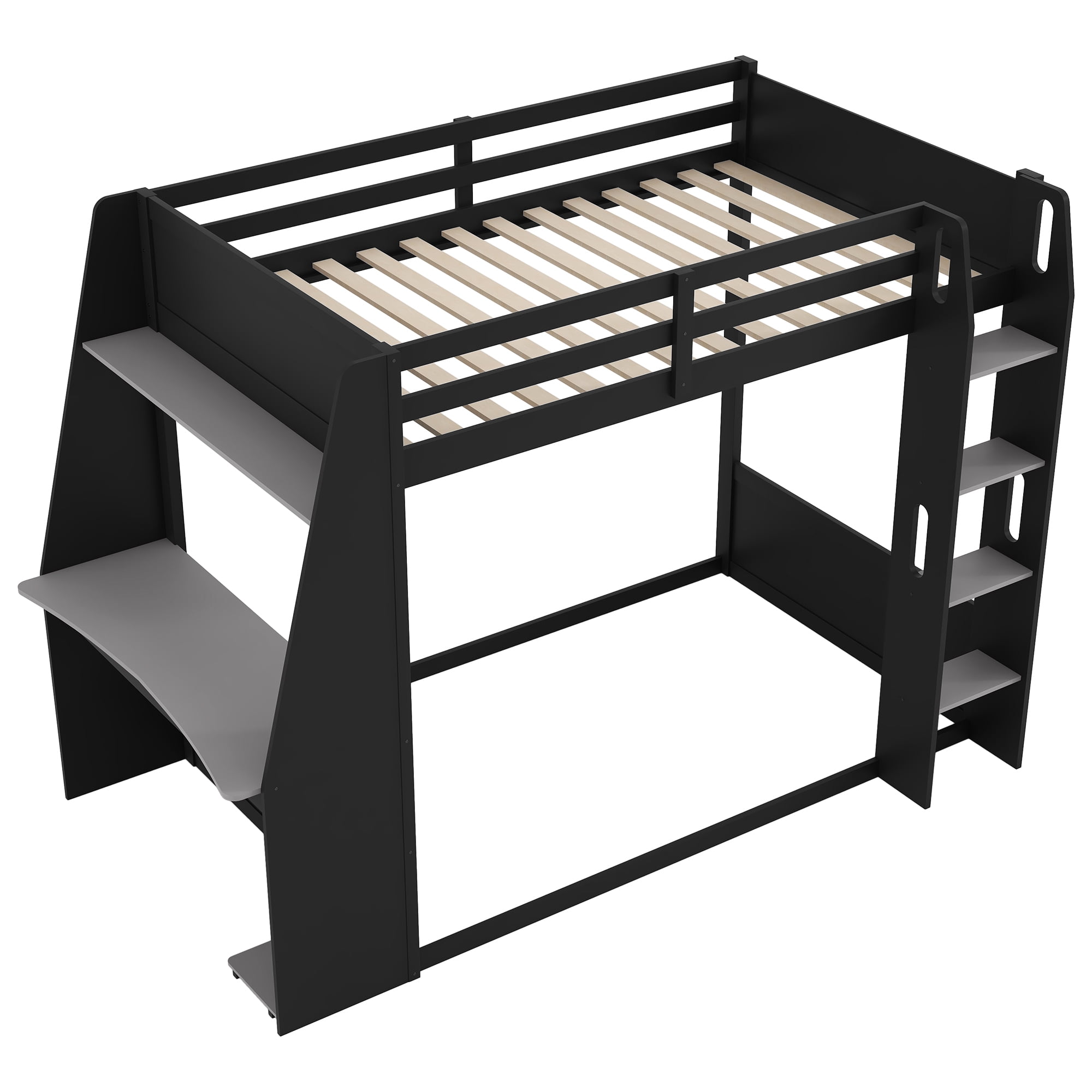 Euroco Wood Twin Size Bunk Bed with Desk and Shelves, Gaming Bed with LED Light and USB Charging, Grey