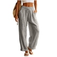 thumbnail image 2 of Resicozy Linen Pants Women Beach Vacation High Waist Elastic Drawstring Straight Leg Long Trousers with Pockets Cuffed Hem Gray M, 2 of 6