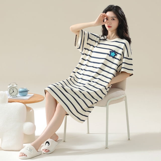 Camisones con estampado de algodón 100% para mujer, ropa de dormir coreana, suave, de manga corta, para el hogar