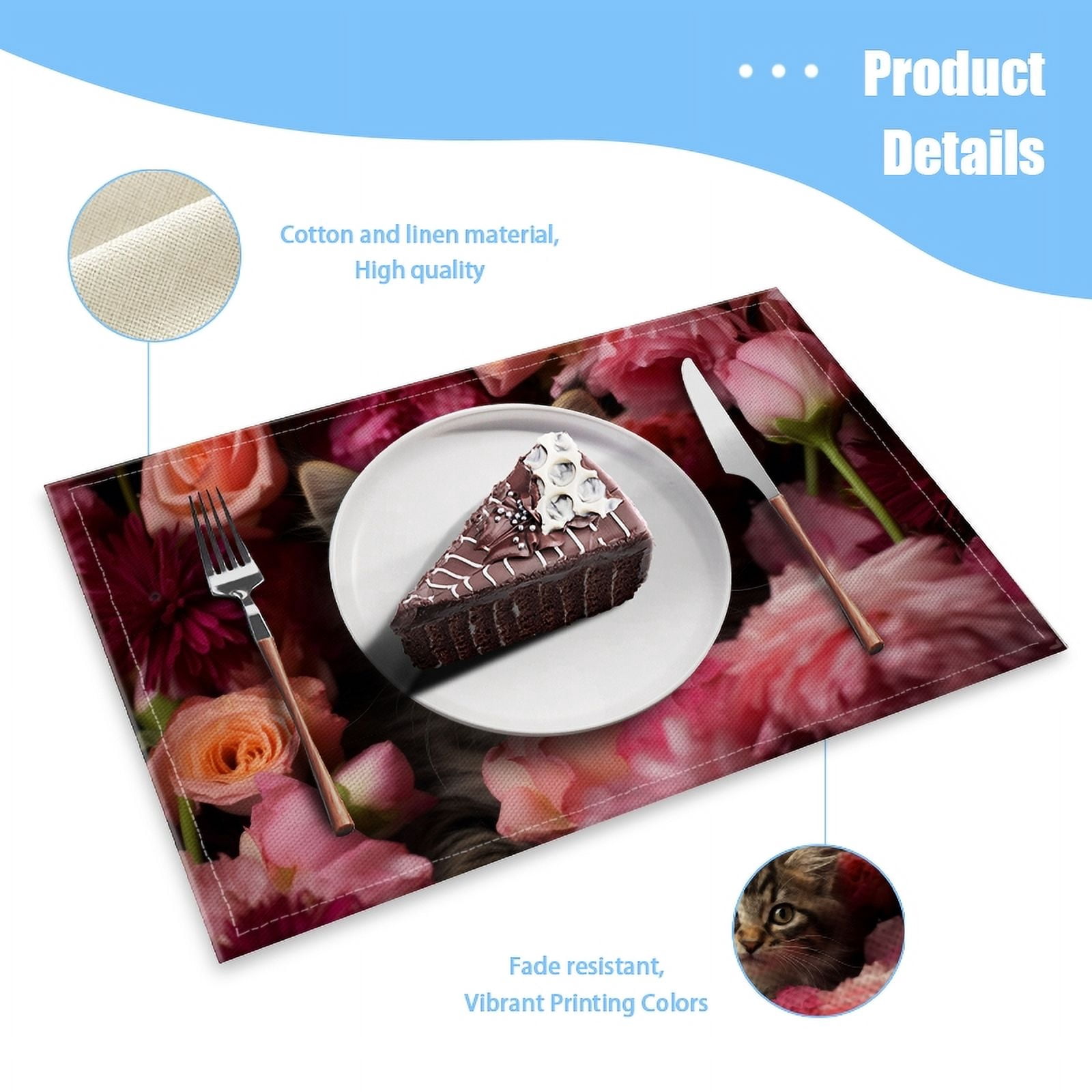 BaHomeck placemats Set of 4 Fluffy Kitten Surrounded By Pink And Red Roses Cotton Linen rectangle Placemats for Kitchen Dining Table Indoor,Outdoor,18*12inch