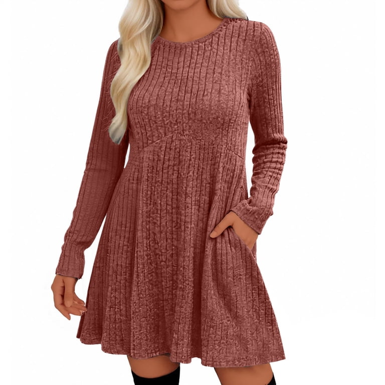 Aohooy Sweater Dress Tall Women Ribbed Knit Long Sleeve Dresses Empire Waist Crewneck Winter Knee Length A Line Dress with Pockets Orange,S