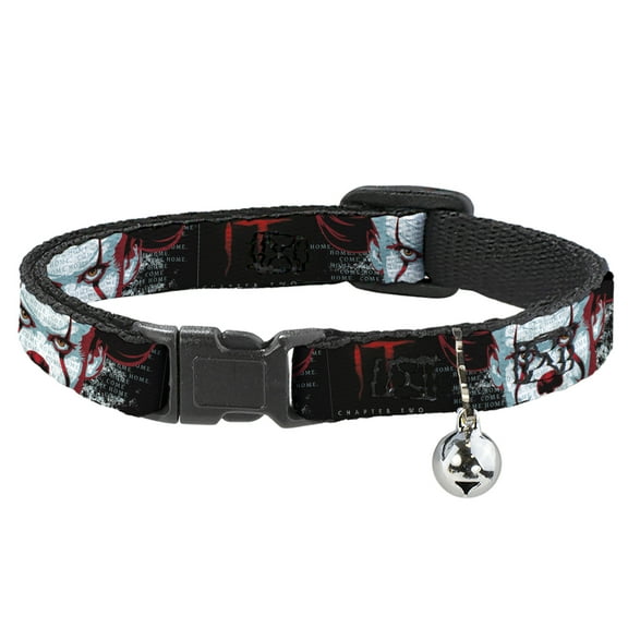 Warner Bros. Horror Movies Cat Collar, Breakaway Collar with Bell, It Chapter Two Pennywise Face Close Up Black Red Blues, 8.5 to 12 Inches 0.5 Inch Wide