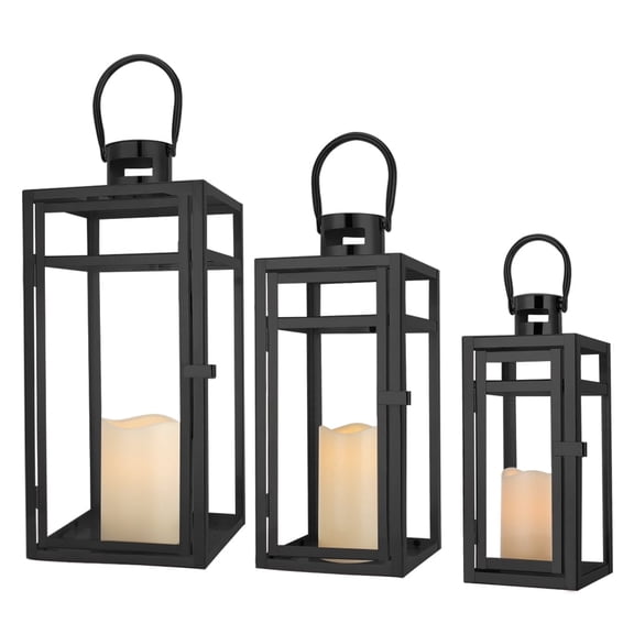 Set of 3 12/15/19 inch Metal Lanterns with Tempered Glass (Black )
