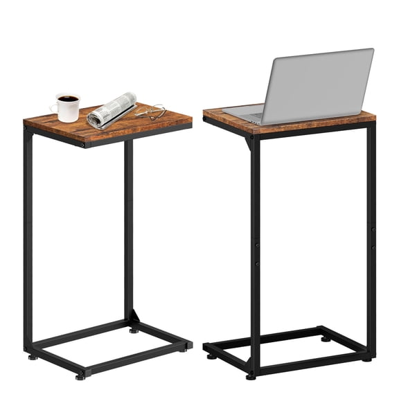 C-Shaped End Table Set of 2, Slide Under Sofa Side Table with Metal Frame, Brown Couch Tables for Living Room & Bedroom