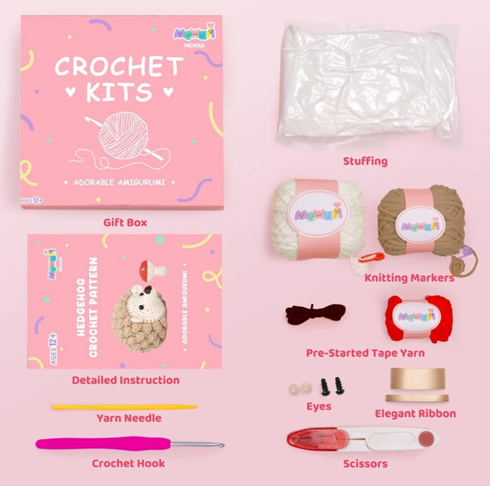 Hedgehog Crochet Kit for Beginners, Mushroom Amigurumi Starter Set with Step-by-Step Video Tutorial, TIKA