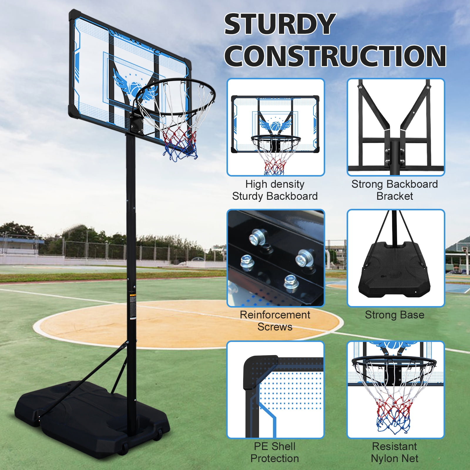 Basketball Hoop Adjustable Height 4.74-10 Ft, Portable Basketball Stand for Outdoor&Indoor