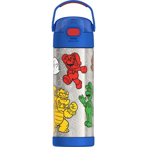 Thermos Kids Bouteille d'eau isotherme en acier inoxydable avec bec verseur et couvercle, 470 ml, Super Mario