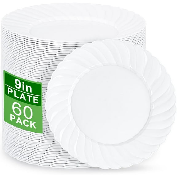 60 Pieces White Plastic Plates - 9 Inch White Disposable Plates - Washable & Reusable - Premium Hard Plates - Party Supplies for Birthdays, Celebrations, Travel, Wedding, Party and Events