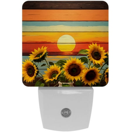 

LED Night Lights Plug into Wall 2-Pack 0.5W Plug in Night Light Dusk to Dawn White Bright Nightlight for Bedroom Bathroom Hallway Kitchen Sunflowers on Vintage Wood Planks