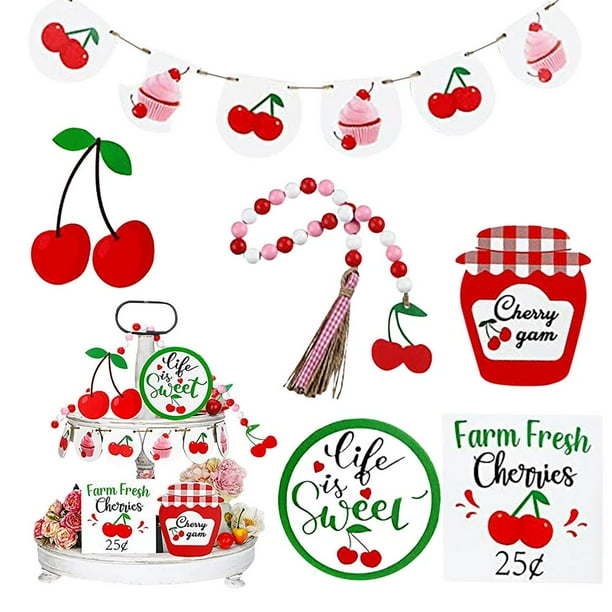 Ksruee Cherry Tiered Tray Decor Farmhouse Life is Sweet Tier Tray Summer Decoration Cute Mini Signs Wood Bead Garland with Tassel proficient