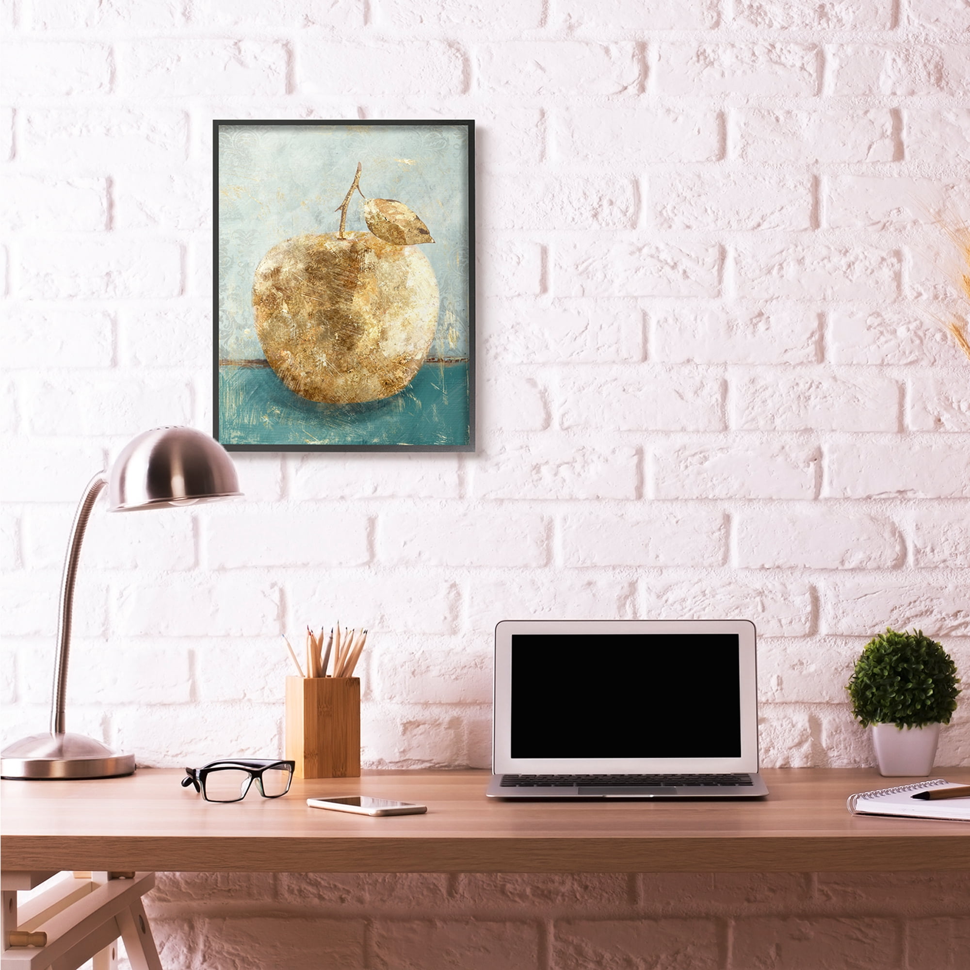 Stupell Industries Golden Apple Green Textured Food Painting Black Framed Art Print Wall Art, 16x20, by Main Line Studio