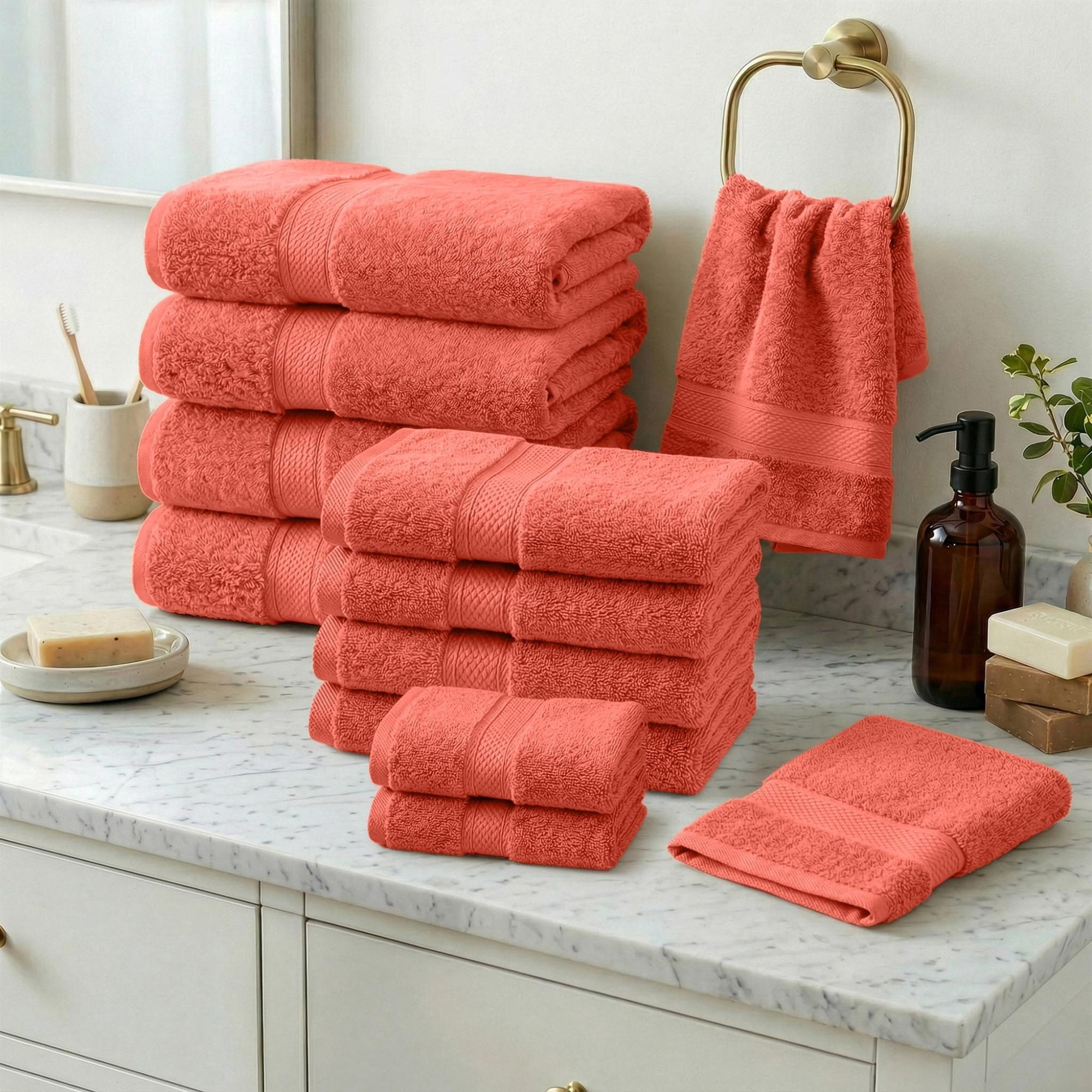 Superior Madeline Egyptian Cotton Ultra-Plush 12-Piece Towel Set, Coral