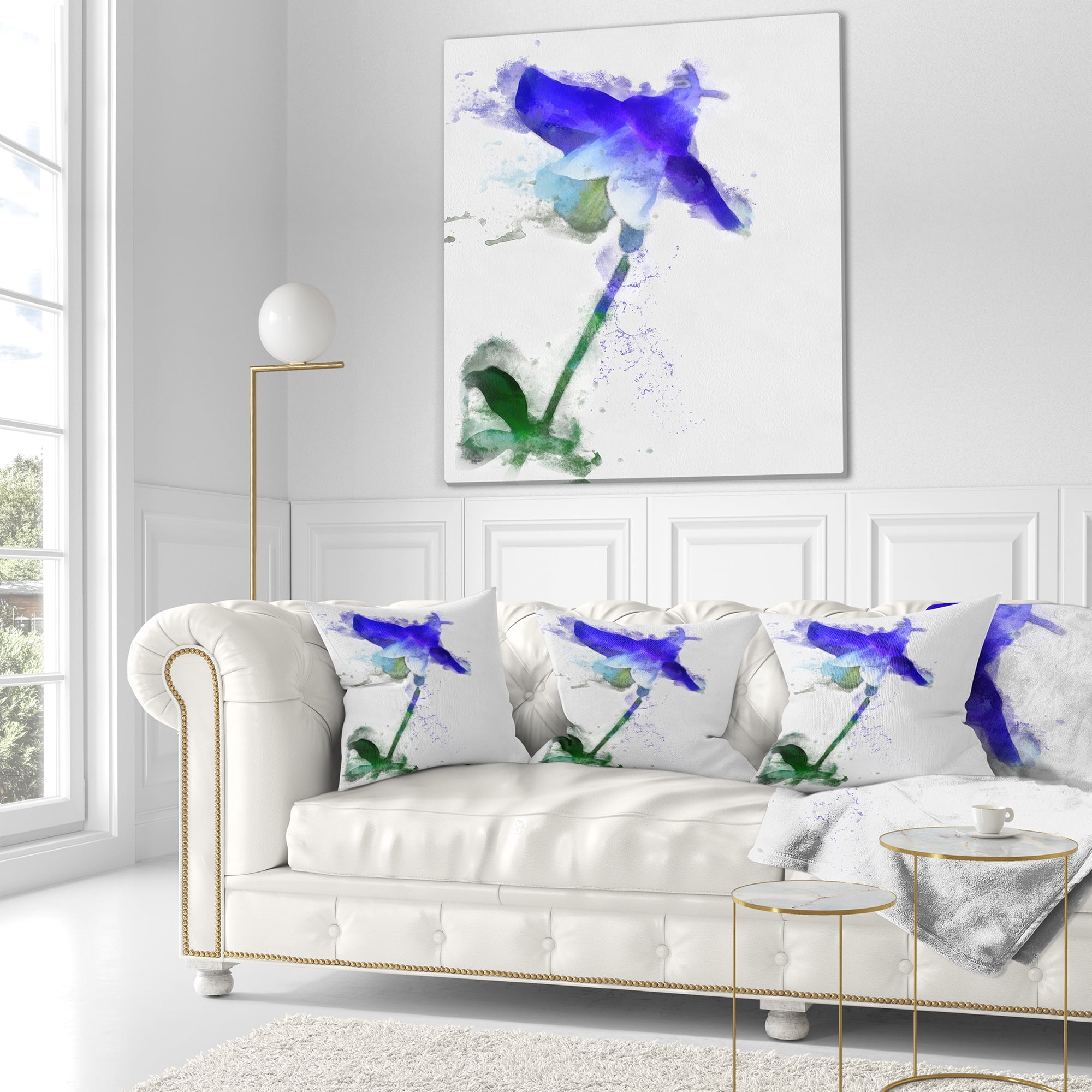 Designart Blue Bellflower Sketch Watercolor - Floral Throw Pillow - 16x16