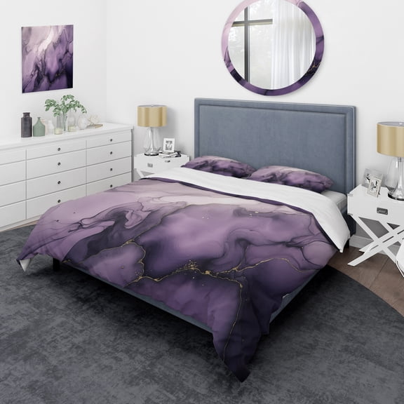 Designart "Mauve and Silvery Ink Waves XI" Fractals Bedding Covert Set - Abstract Purple Modern Bed Set With 2 Shams