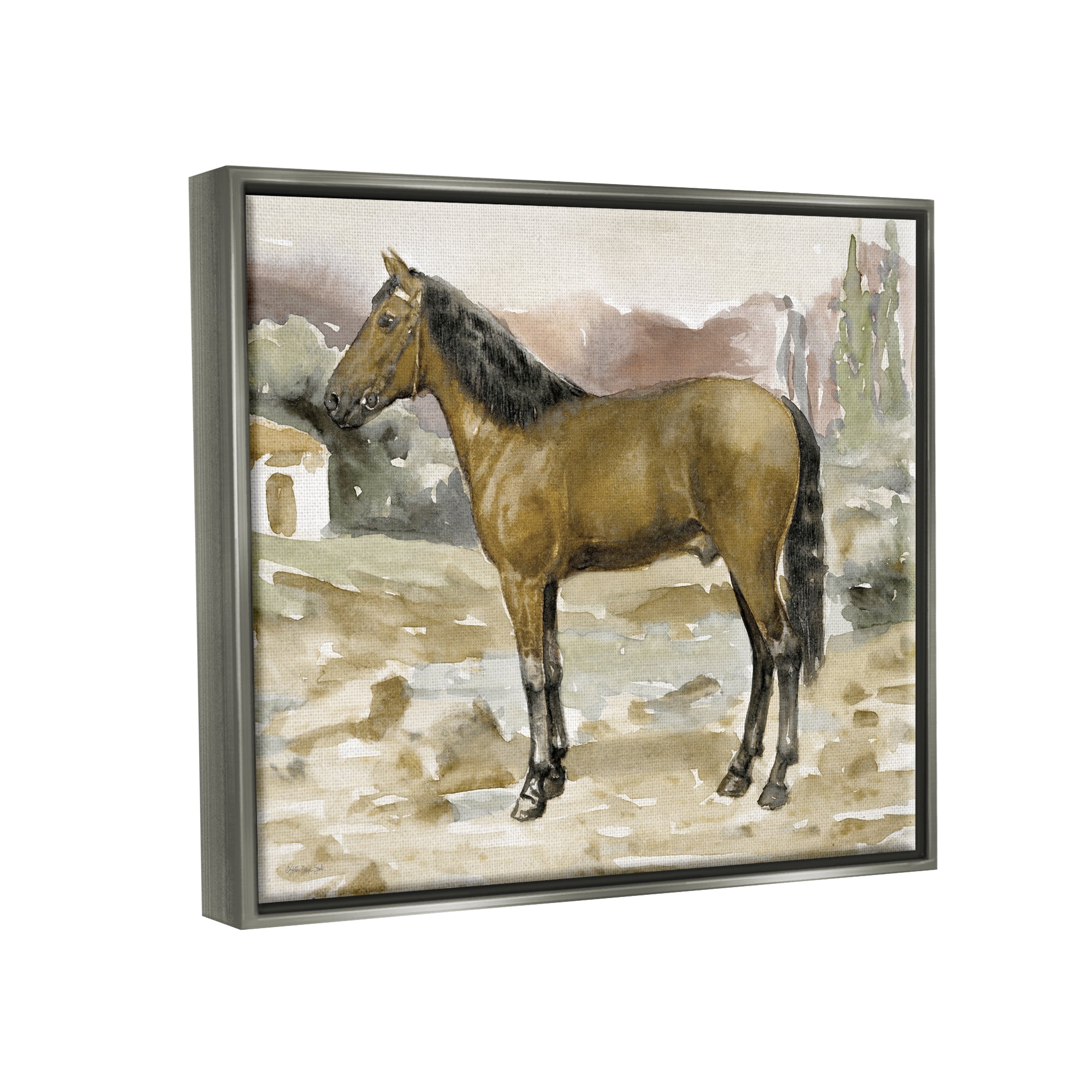 Stupell Rural Brown Horse Country Scene Animals & Insects Painting Gray Floater Framed Art Print Wall Art