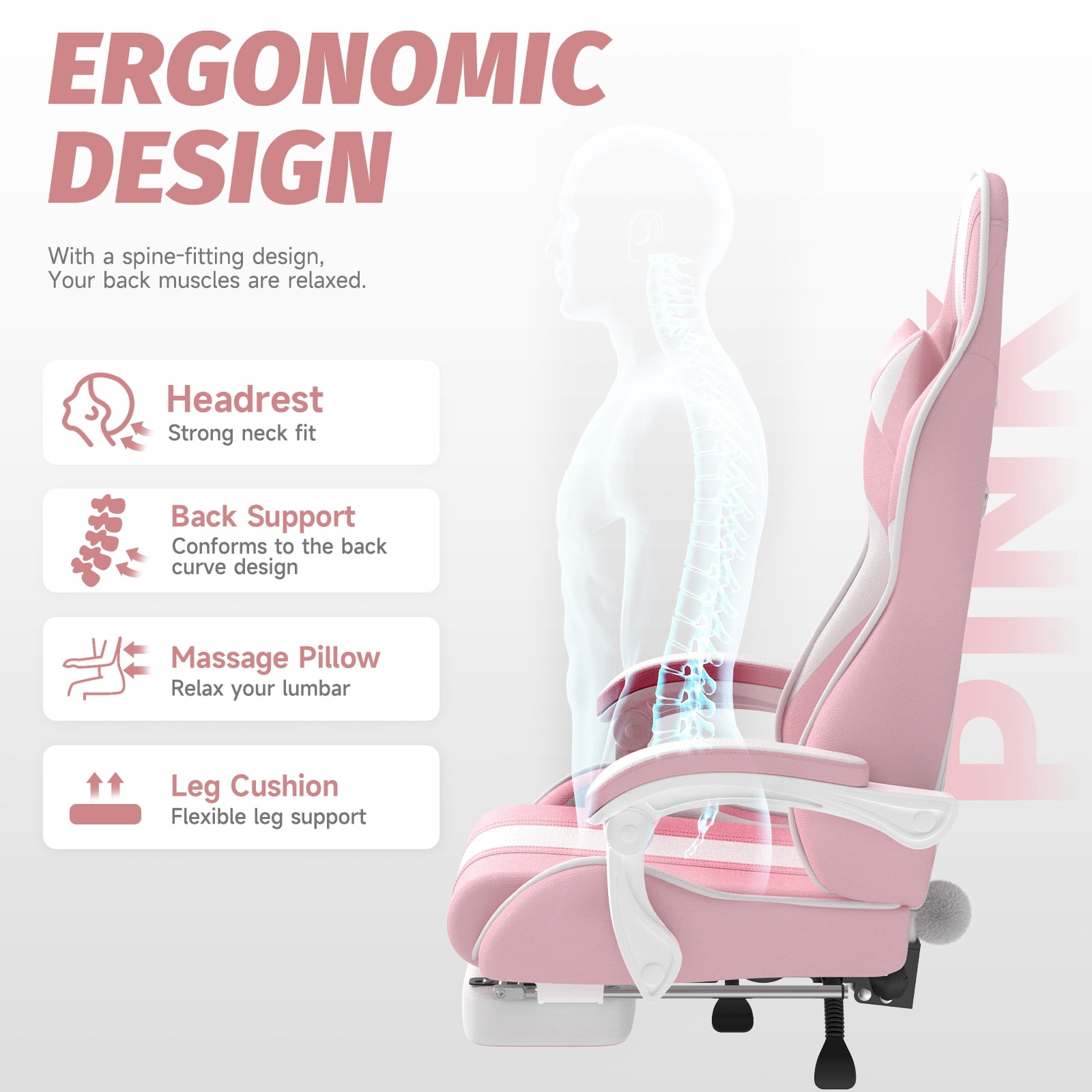 SOONTRANS Pink Gaming Chair, Girl High Back Gamer Chair with Footrest for Adult , Reclining Adjustable Game Office Chairs Massage Pillows
