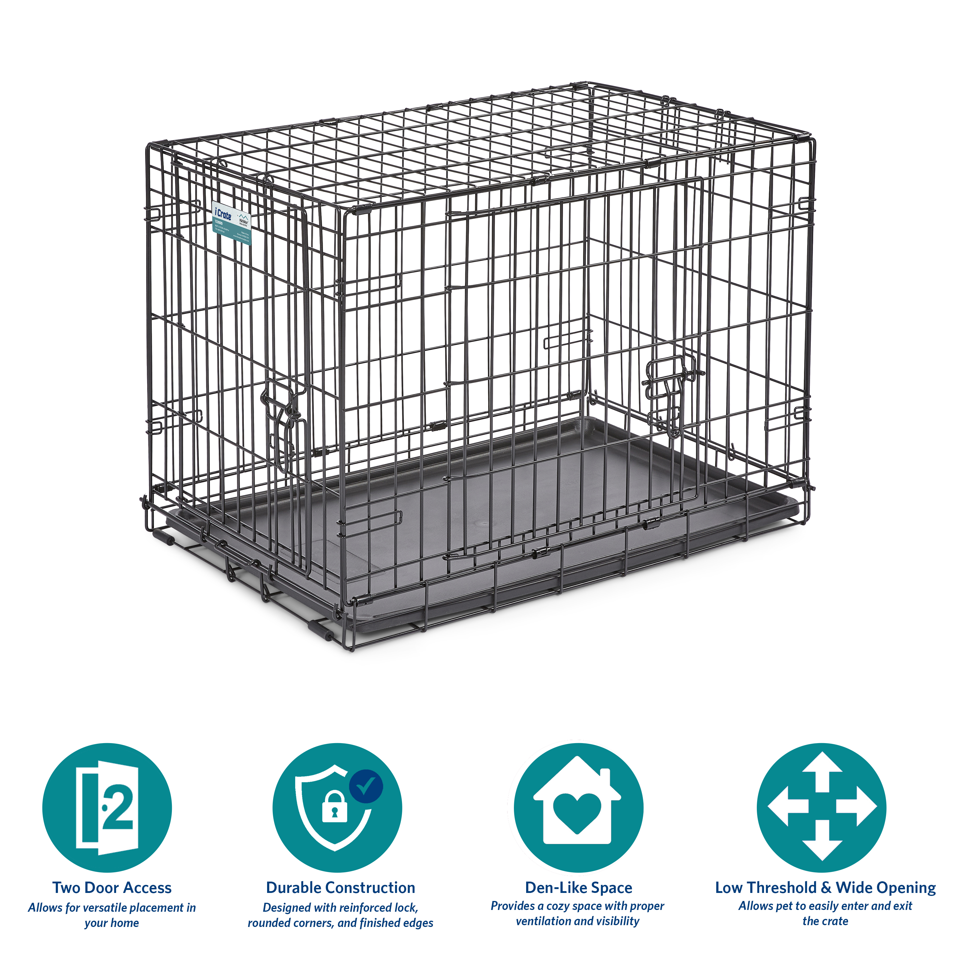 Medium Dog Crate | MidWest iCrate 30" Double Door Folding Metal Dog Crate | Divider Panel, Floor Protecting Feet & Dog Pan | 30L x 19W x 21H Inches, Medium Dog Breed - image 2 of 7