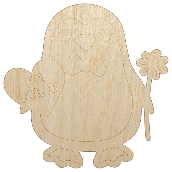 Penguin with Heart and Flower Valentine Wood Shape Unfinished Piece Cutout Craft DIY Projects - 4.70 Inch Size - 1/8 Inch Thick