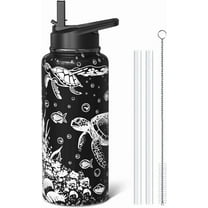 32oz Sea Turtle Water Bottles with Flip Straw & Spout Lid, Double Wall Stainless Steel Travel Sport Bottle, Black Gym Gifts for Women Men (1PC)