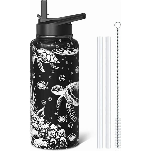32oz Sea Turtle Water Bottles with Flip Straw & Spout Lid, Double Wall Stainless Steel Travel Sport Bottle, Black Gym Gifts for Women Men (1PC)