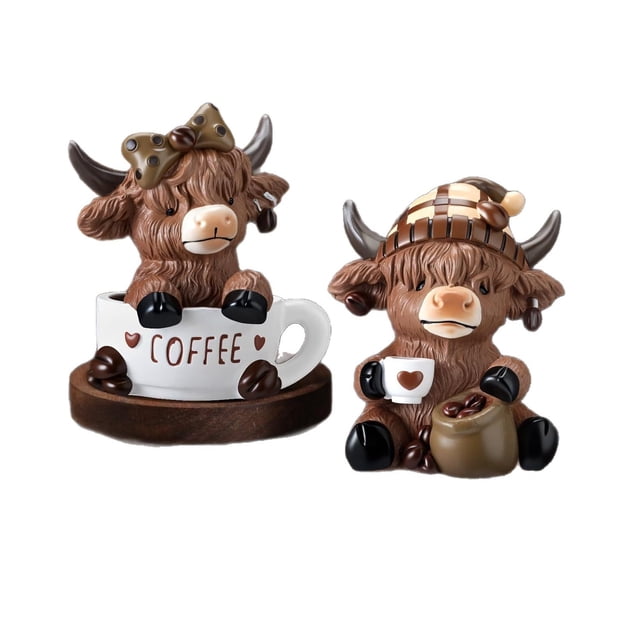 Estatua de vaca | Figurilla de vaca de resina de las Highlands escocesas | Decoración de escritorio de terneros gruñones pintada a mano | Adorno coleccionable | Textura realista | Tono terroso | 1