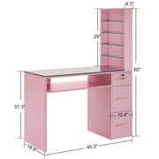 BarberPub Nail Desk with Galss Top, Manicure Table with Drawers and Storage Shelves