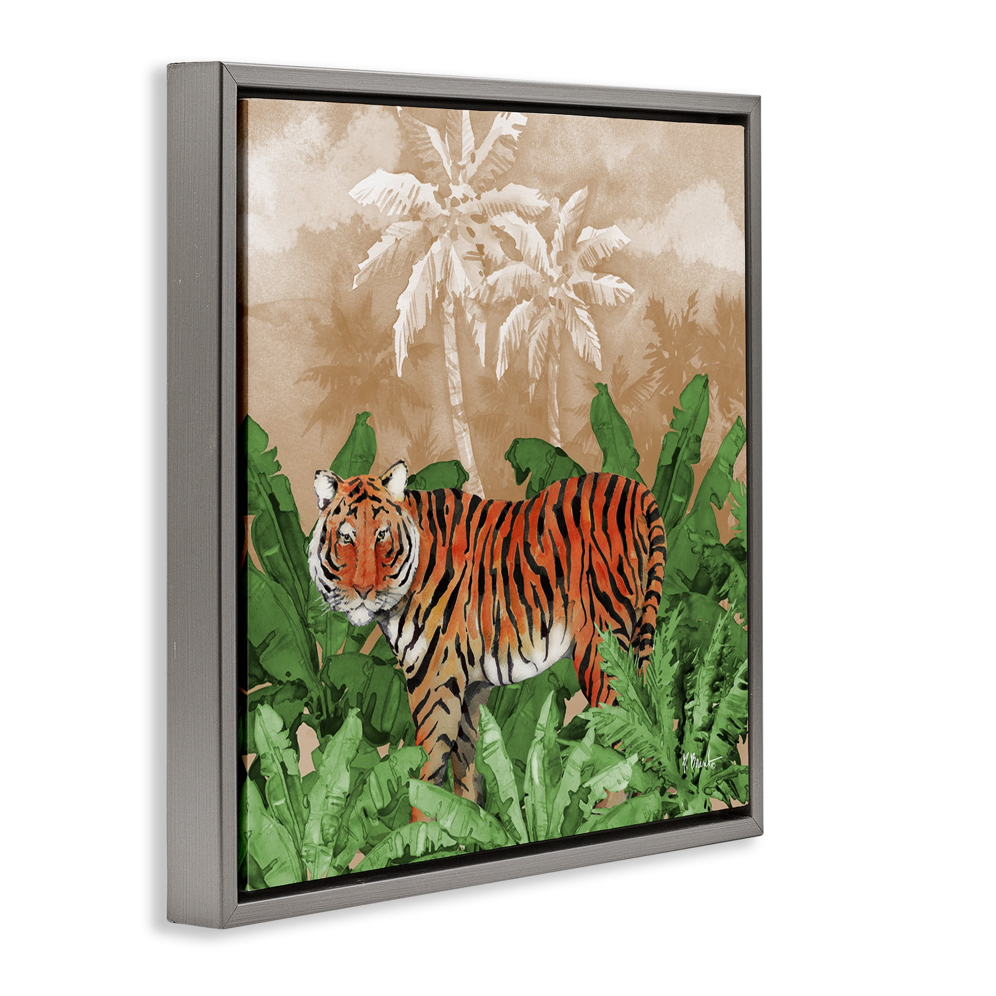 Stupell Industries Jungle Life Tiger Animals & Insects Painting Gray Floater Framed Canvas Art Print Wall Art, 25 x 25
