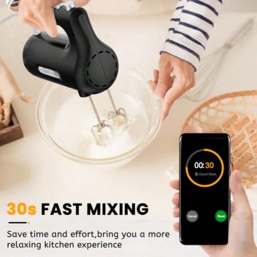 5-Speed Hand Mixer Electric 300W Compact Handheld Mixer Portable Kitchen Egg Beater with 5 Attachments and Storage Bag Cake Supplies for Bread Dough Baking Lightweight Black