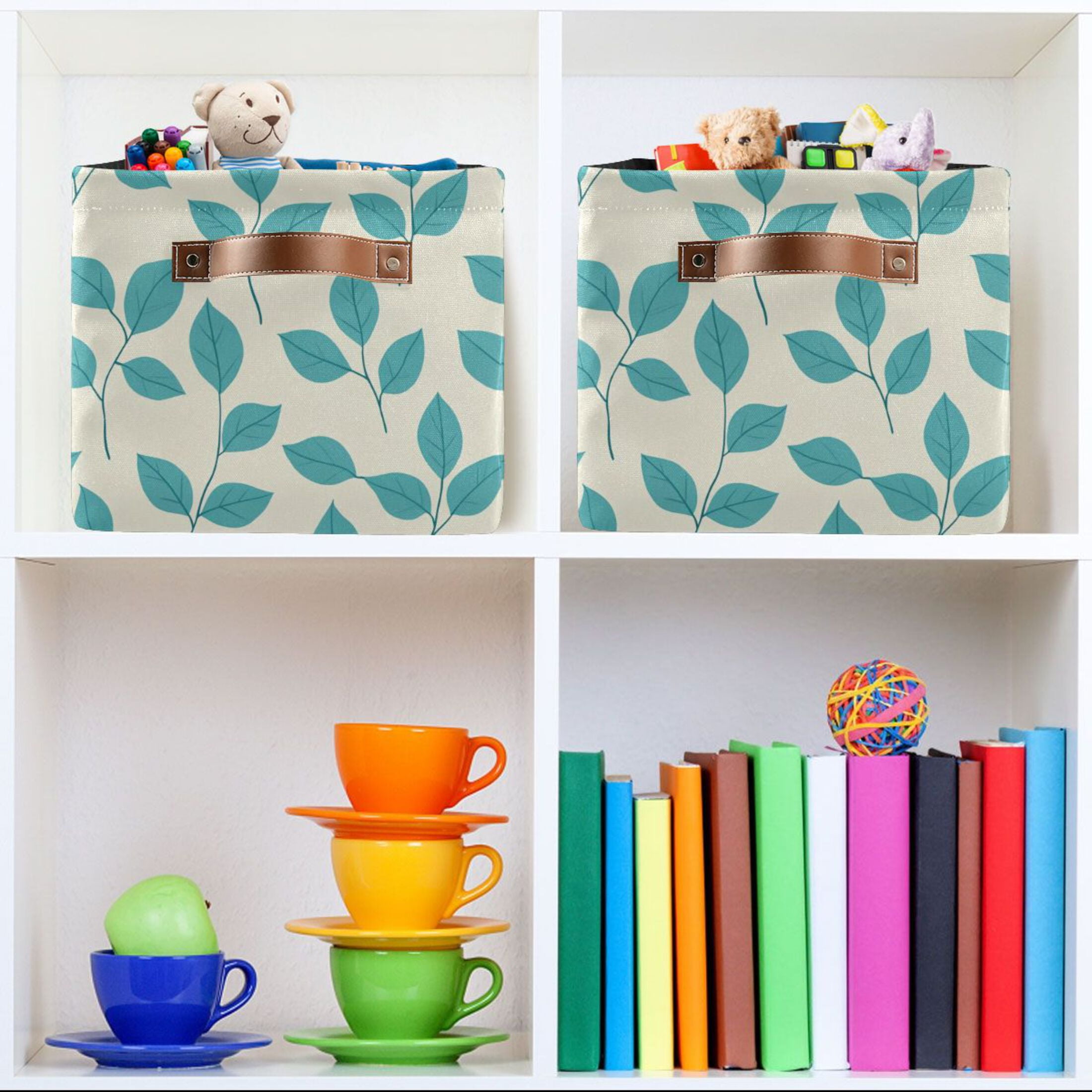 Turquoise Leaf Foldable Storage Basket,Canvas Fabric Foldable Storage Bins with Handles Open Home Storage Bins Boxes for Toy Book Shelf Closet Baskets