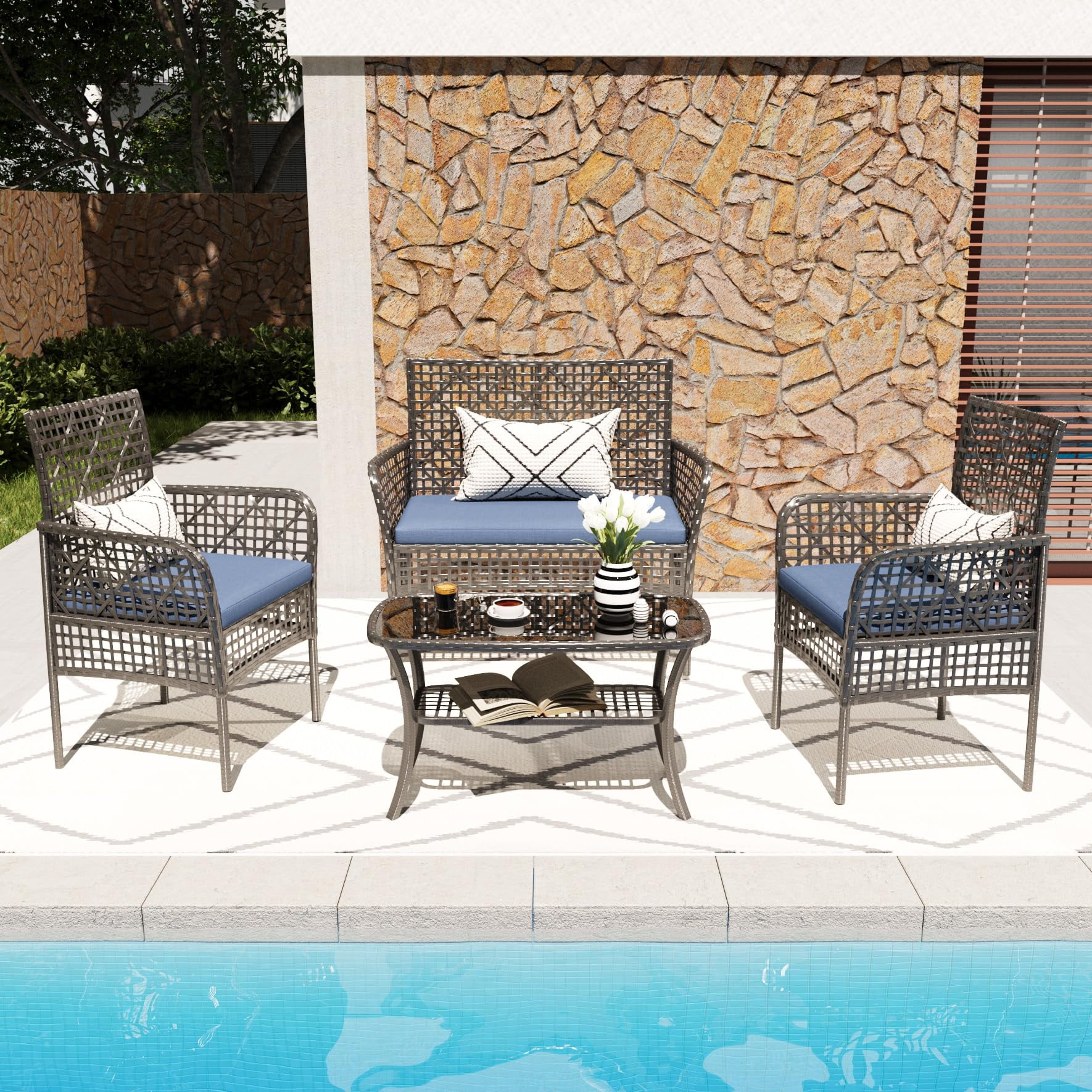 4-Piece Rattan Patio Furniture Set, Outdoor Table & Chairs Set with Cushions, Balcony Porch Garden Backyard Lawn Patio Conversation Set, Acacia Wood Table Top